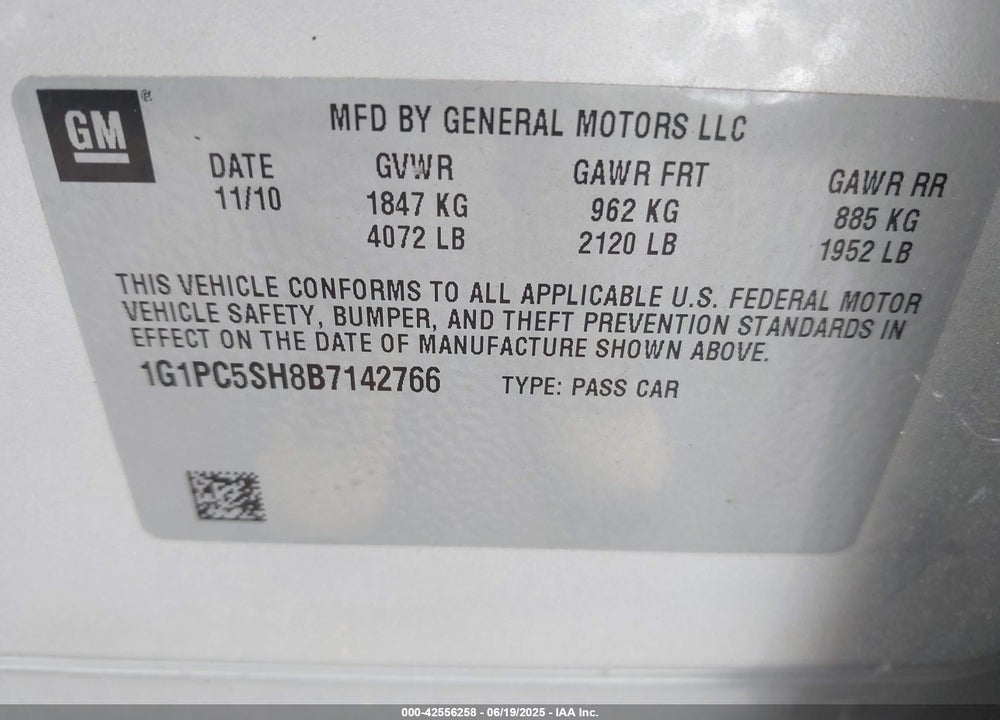 2011 CHEVROLET CRUZE VIN: 1G1PC5SH8B7142766