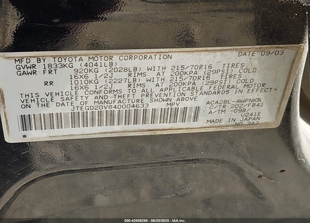 2004 TOYOTA RAV4 VIN: JTEGD20V840004633