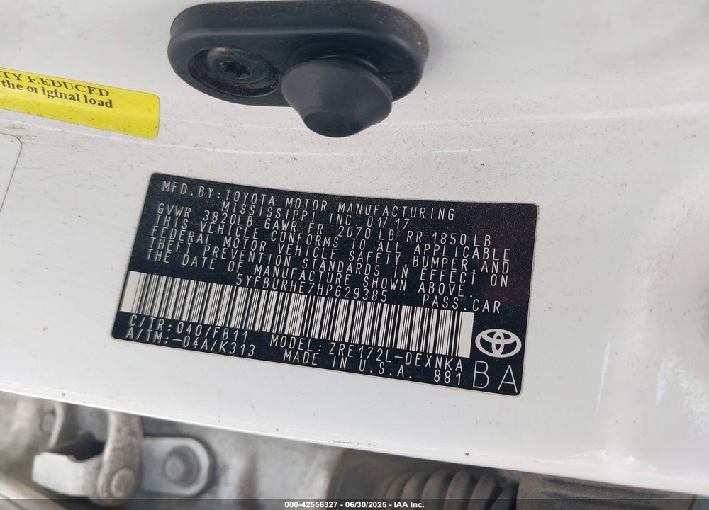 2017 TOYOTA COROLLA VIN: 5YFBURHE7HP629385