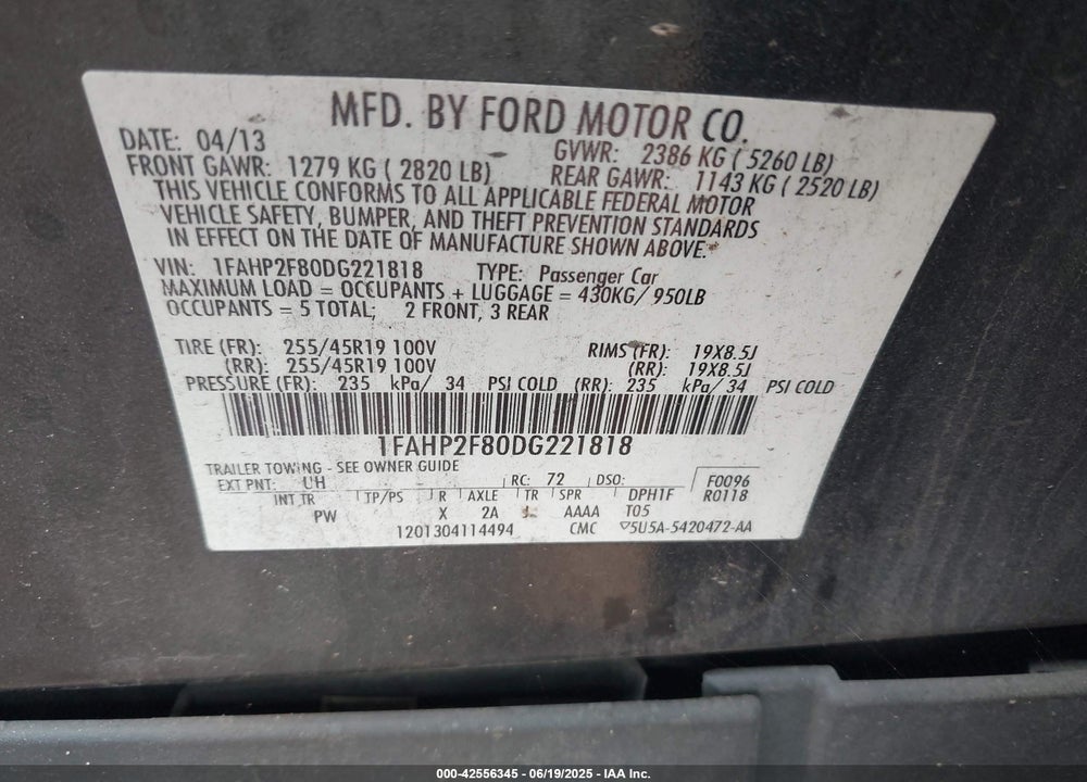 2013 FORD TAURUS VIN: 1FAHP2F80DG221818
