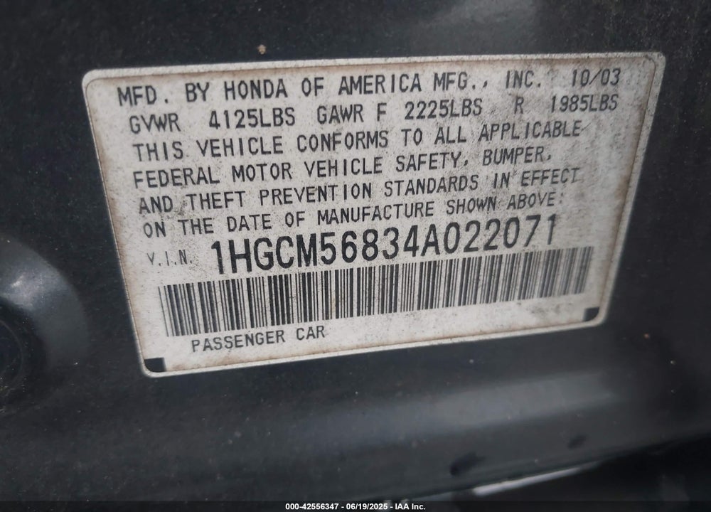 2004 HONDA ACCORD 2.4 EX VIN: 1HGCM56834A022071