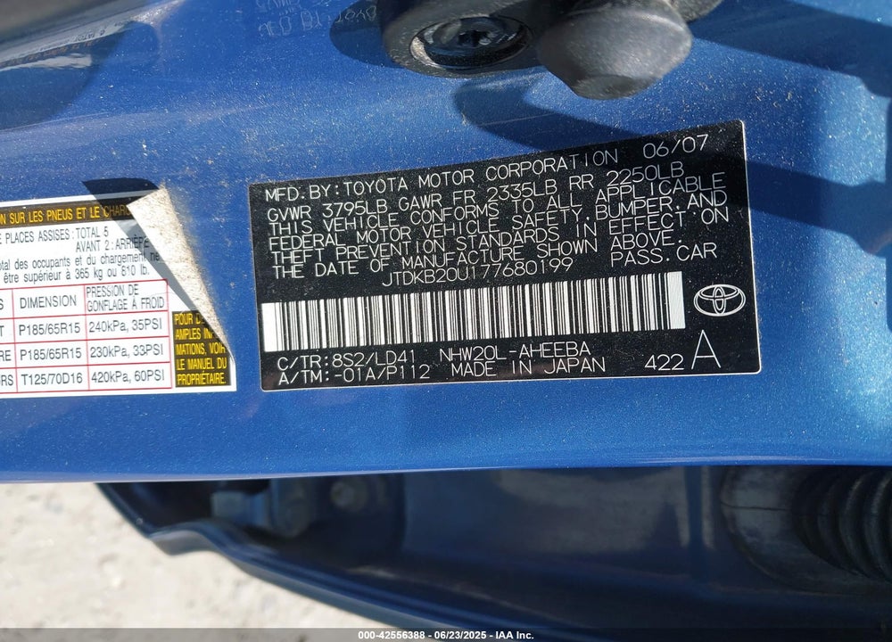 2007 TOYOTA PRIUS VIN: JTDKB20U177680199