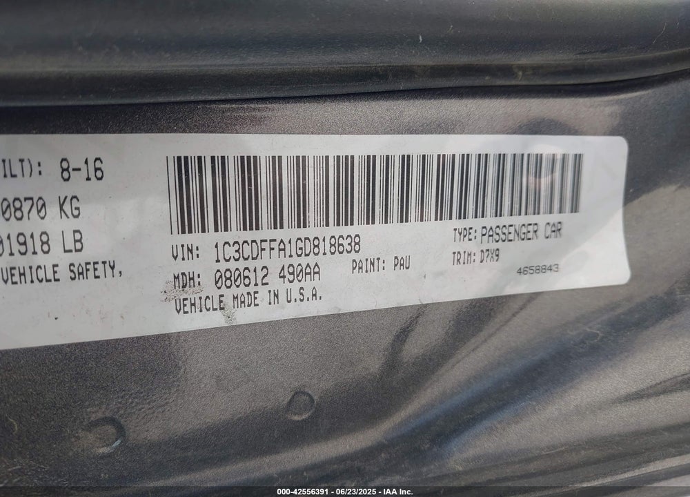2016 DODGE DART VIN: 1C3CDFFA1GD818638