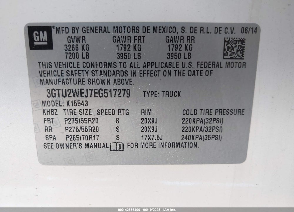 2014 GMC SIERRA 1500 DENALI VIN: 3GTU2WEJ7EG517279
