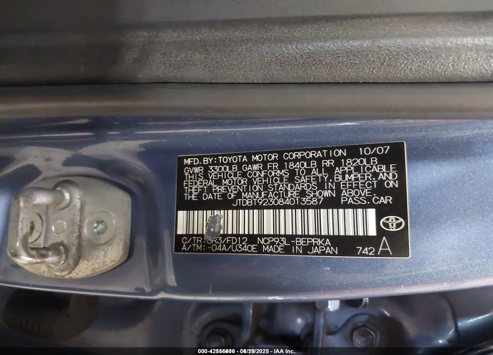 2008 TOYOTA YARIS VIN: JTDBT923084013587