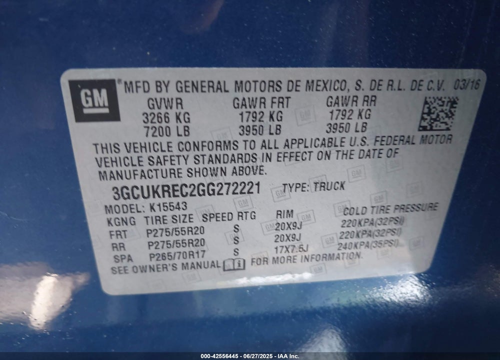2016 CHEVROLET SILVERADO 1500 2LT VIN: 3GCUKREC2GG272221