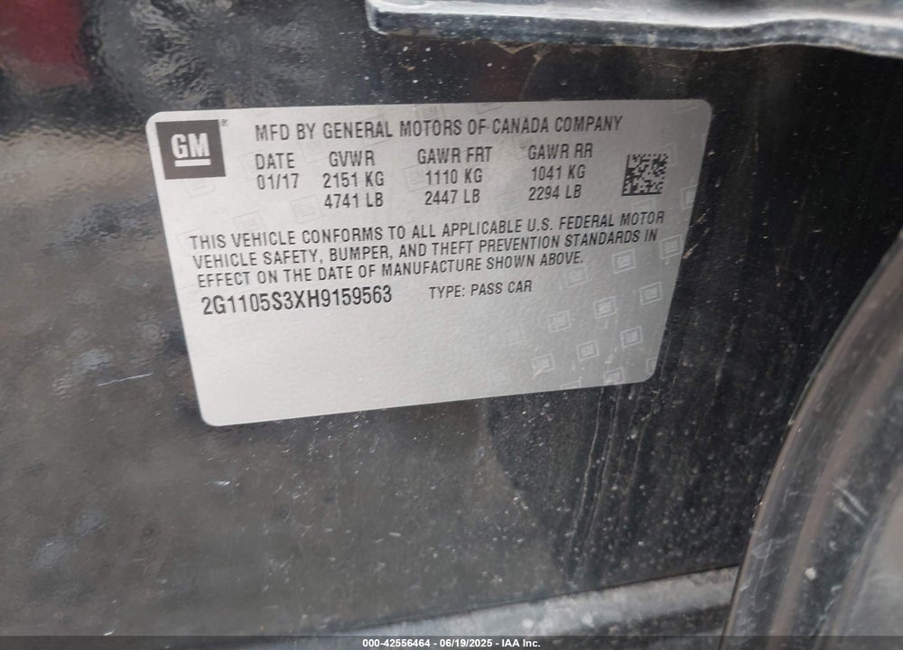 2017 CHEVROLET IMPALA VIN: 2G1105S3XH9159563