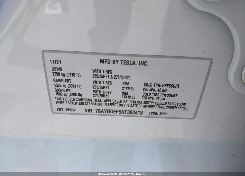 2022 TESLA MODEL Y VIN: 7SAYGDEF9NF308413