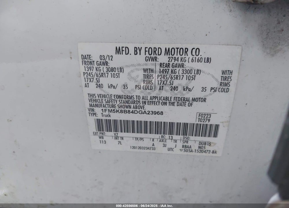 2013 FORD EXPLORER VIN: 1FM5K8B84DGA23968