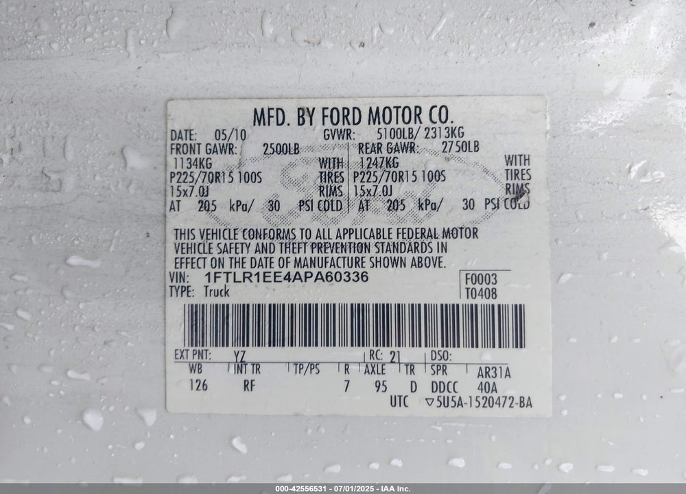 2010 FORD RANGER VIN: 1FTLR1EE4APA60336