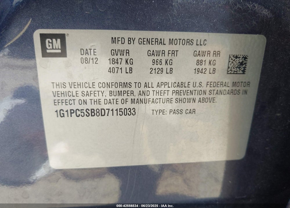 2013 CHEVROLET CRUZE VIN: 1G1PC5SB8D7115033