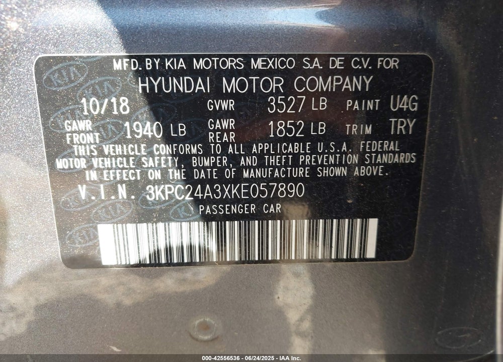 2019 HYUNDAI ACCENT VIN: 3KPC24A3XKE057890