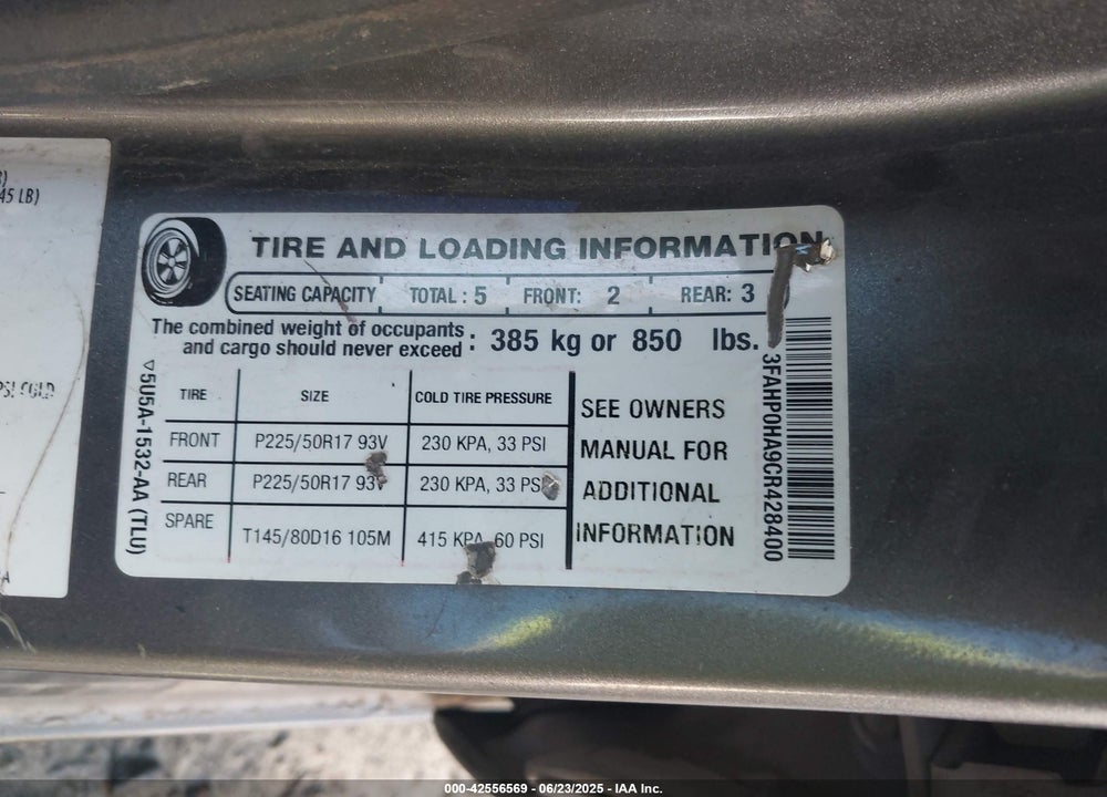 2012 FORD FUSION VIN: 3FAHP0HA9CR428400