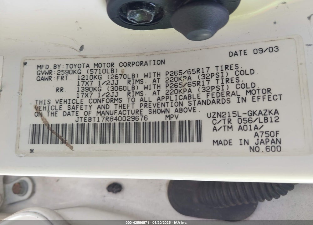 2004 TOYOTA 4RUNNER LIMITED V8 VIN: JTEBT17R840029676