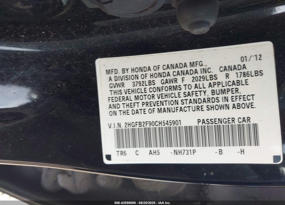 2012 HONDA CIVIC EX-L VIN: 2HGFB2F90CH545901