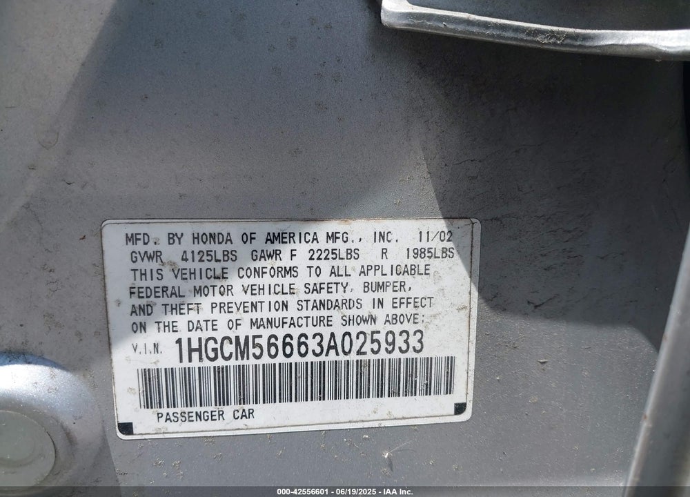 2003 HONDA ACCORD 2.4 EX VIN: 1HGCM56663A025933