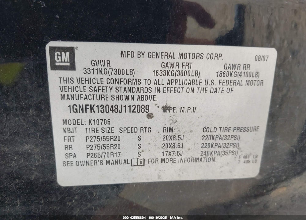2008 CHEVROLET TAHOE LTZ VIN: 1GNFK13048J112089