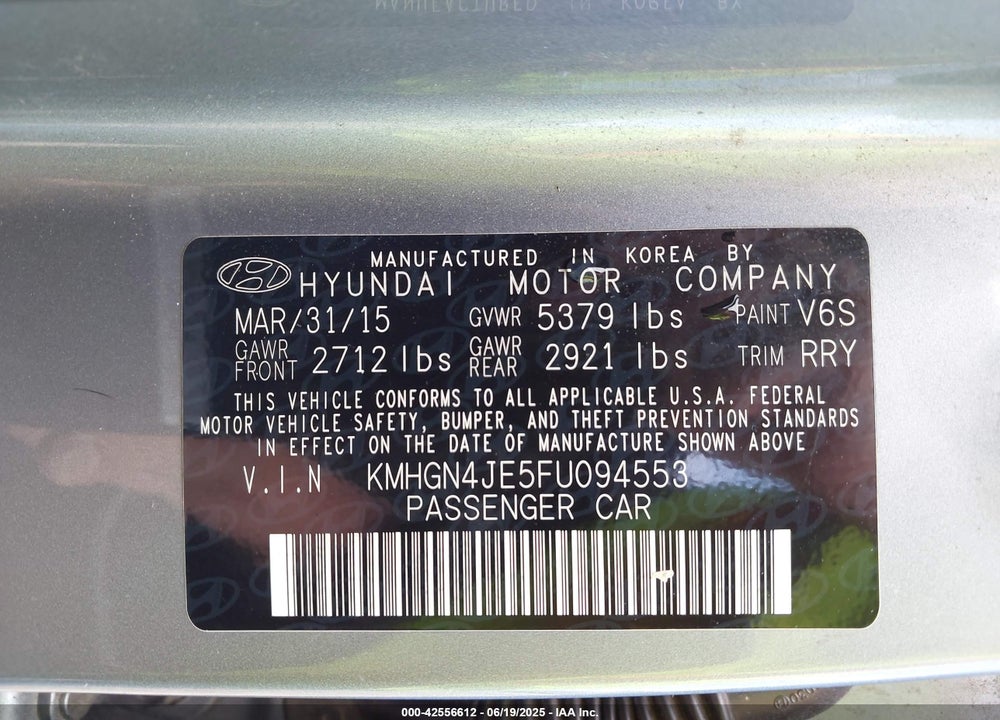 2015 HYUNDAI GENESIS 3.8 VIN: KMHGN4JE5FU094553
