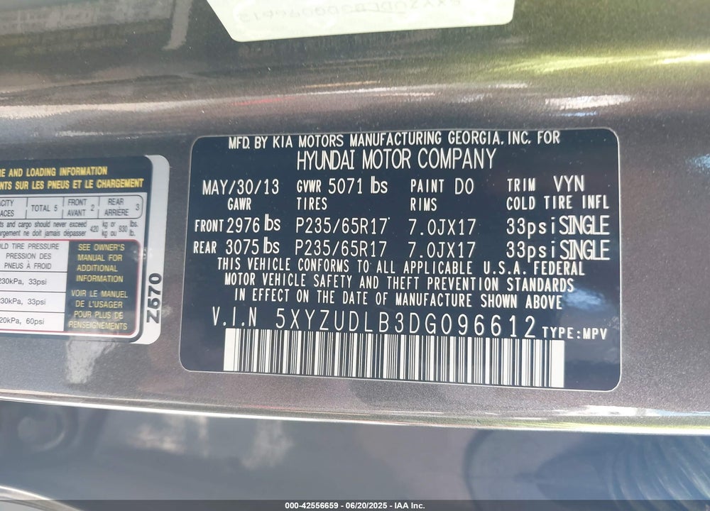 2013 HYUNDAI SANTA FE VIN: 5XYZUDLB3DG096612