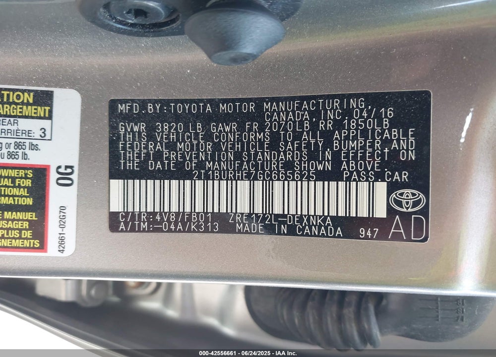 2016 TOYOTA COROLLA VIN: 2T1BURHE7GC665625