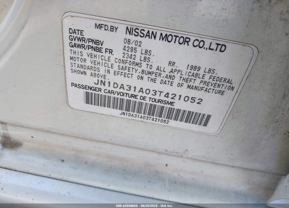 2003 NISSAN MAXIMA VIN: JN1DA31A03T421052