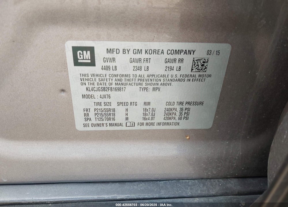 2015 BUICK ENCORE VIN: KL4CJGSB2FB169817