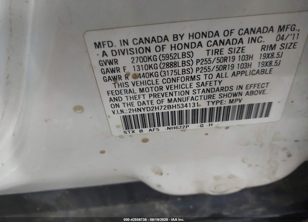 2011 ACURA MDX VIN: 2HNYD2H72BH534131