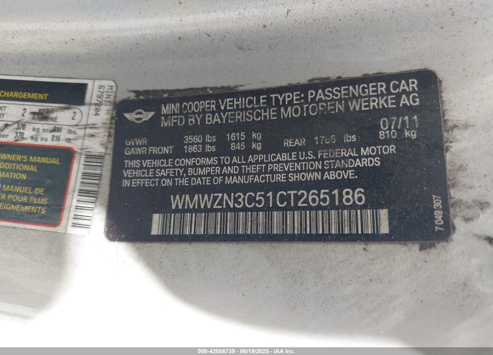 2012 MINI COOPER VIN: WMWZN3C51CT265186