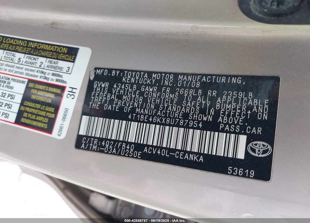 2008 TOYOTA CAMRY LE VIN: 4T1BE46KX8U787954