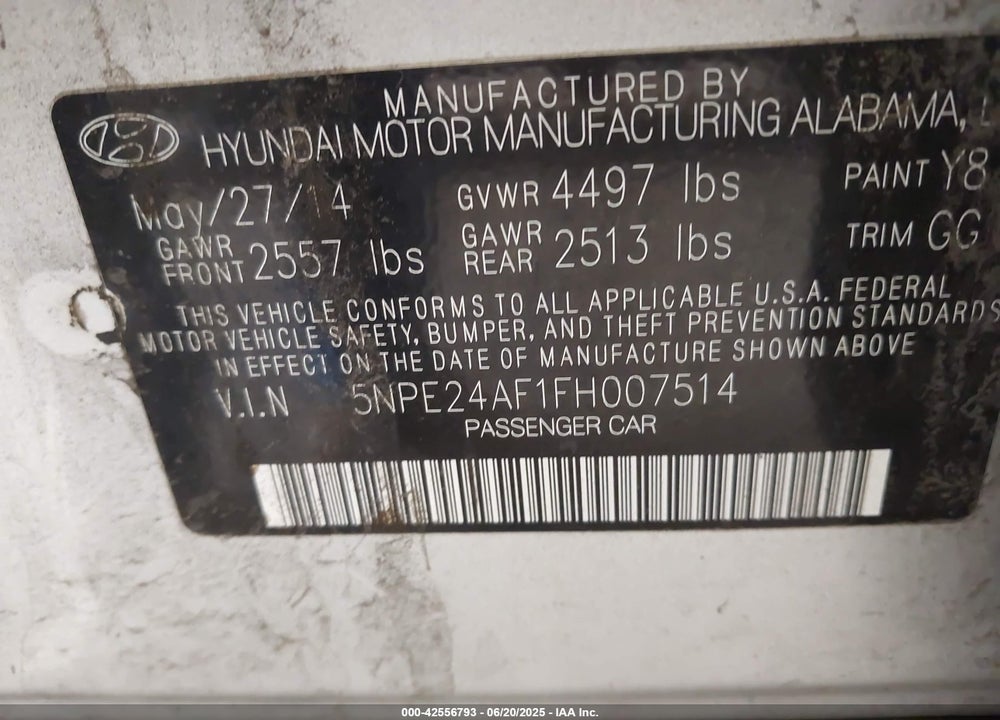 2015 HYUNDAI SONATA SE VIN: 5NPE24AF1FH007514