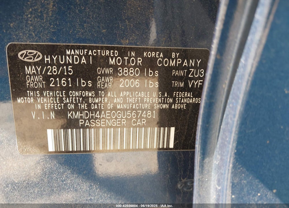 2016 HYUNDAI ELANTRA VIN: KMHDH4AE0GU567481