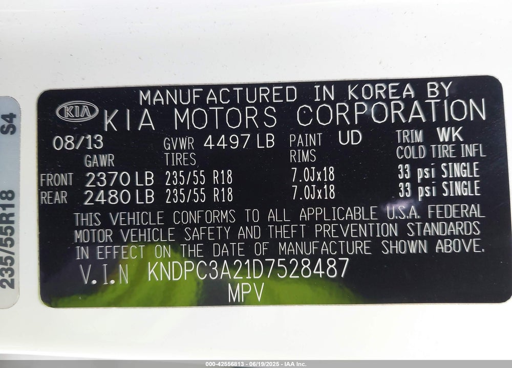 2013 KIA SPORTAGE VIN: KNDPC3A21D7528487
