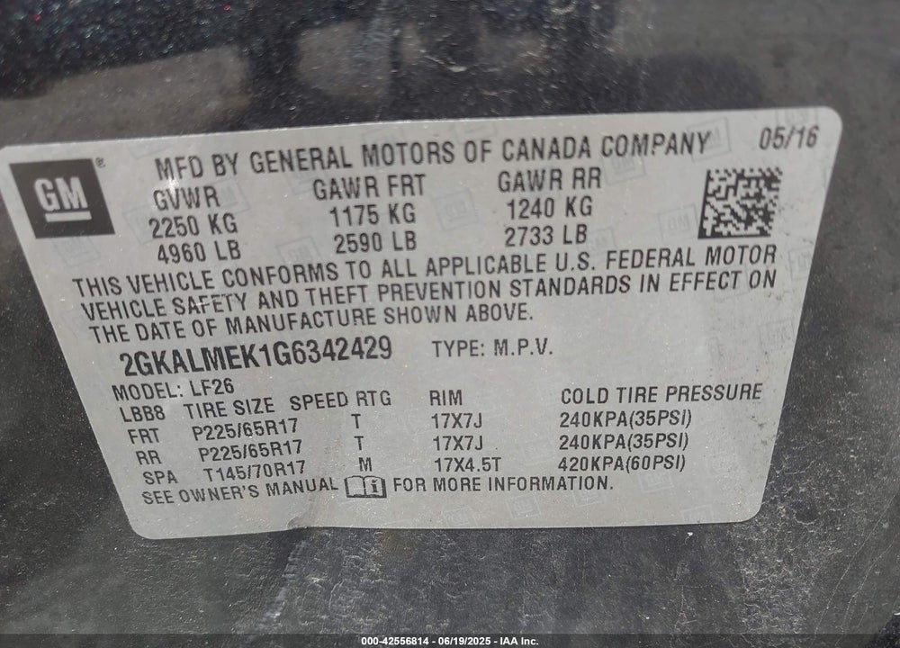 2016 GMC TERRAIN VIN: 2GKALMEK1G6342429