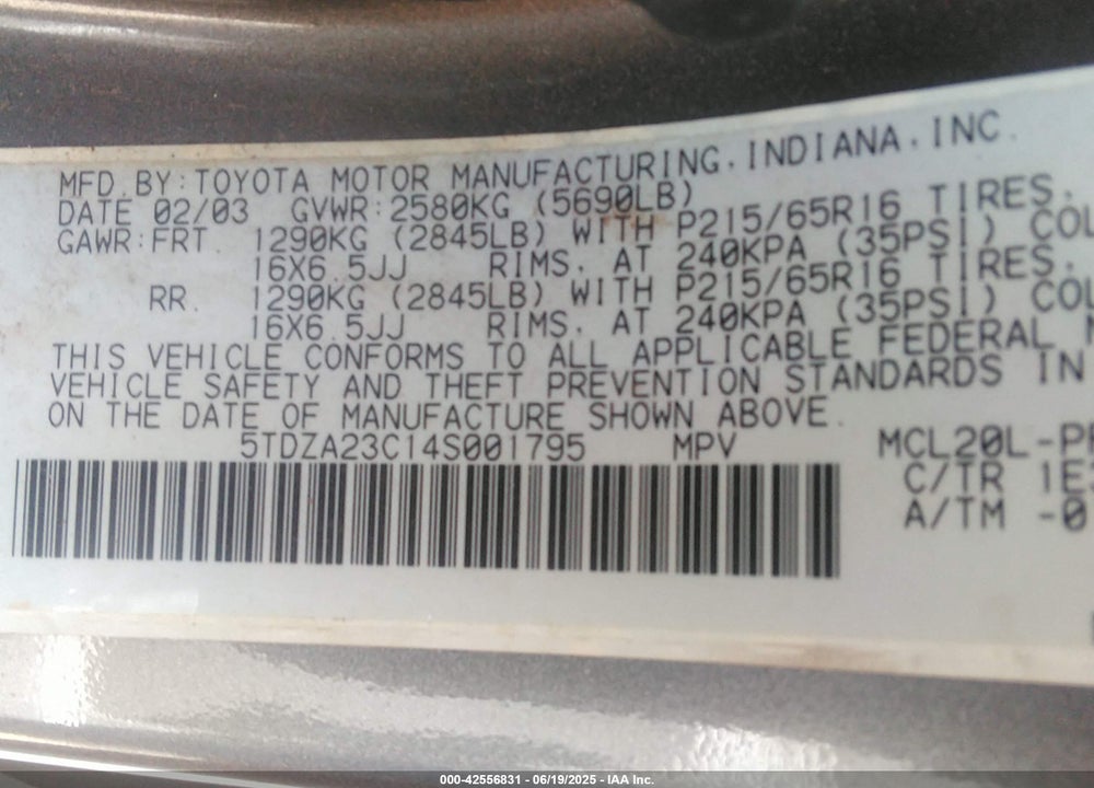 2004 TOYOTA SIENNA LE VIN: 5TDZA23C14S001795