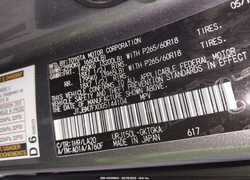 2016 LEXUS GX460 VIN: JTJBM7FX0G5144104