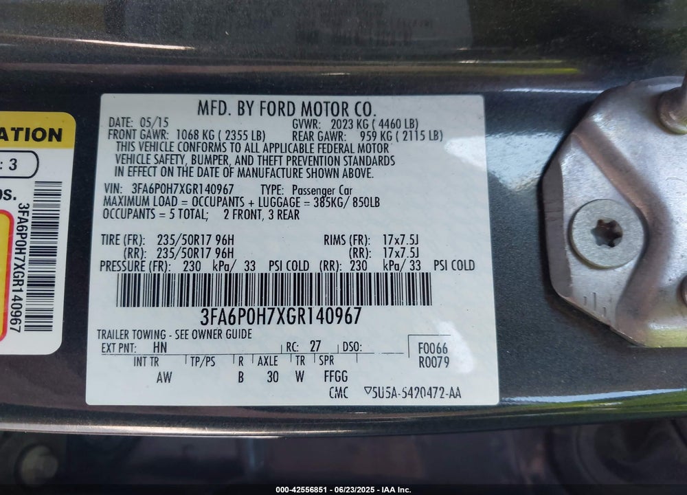 2016 FORD FUSION VIN: 3FA6P0H7XGR140967
