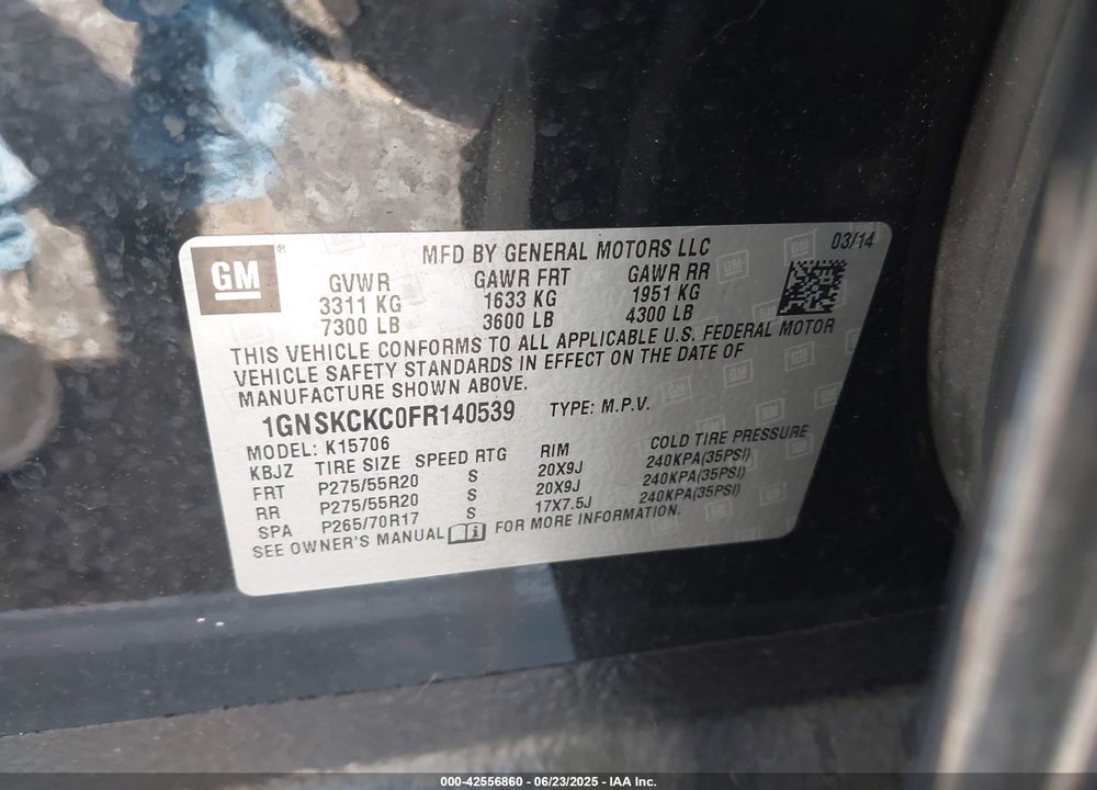 2015 CHEVROLET TAHOE LTZ VIN: 1GNSKCKC0FR140539