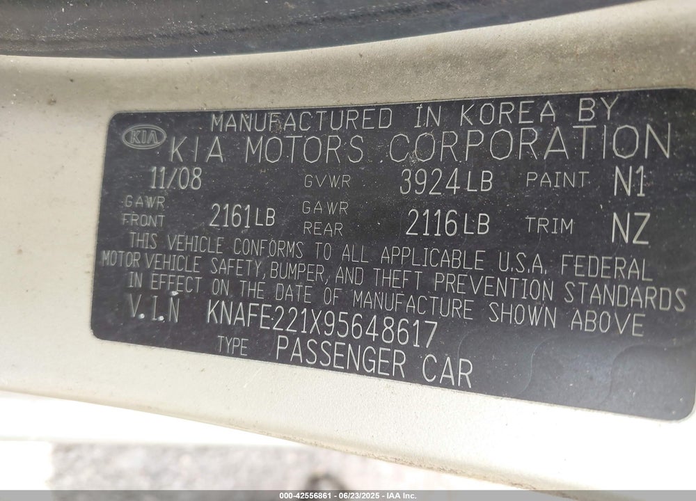2009 KIA SPECTRA VIN: KNAFE221X95648617