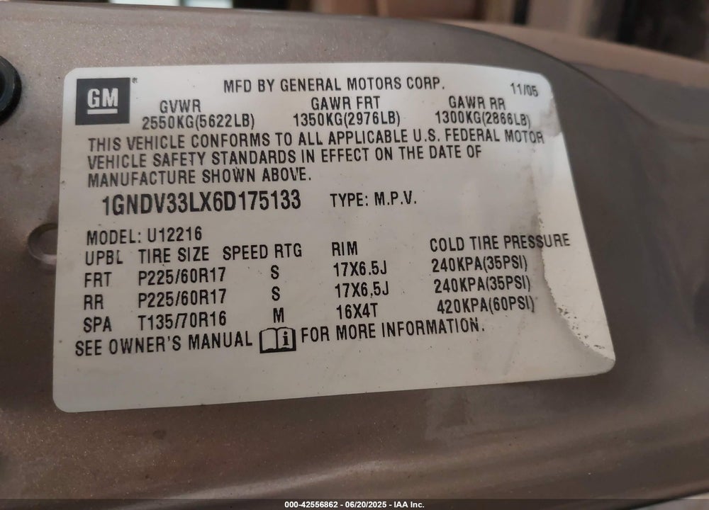 2006 CHEVROLET UPLANDER LT VIN: 1GNDV33LX6D175133
