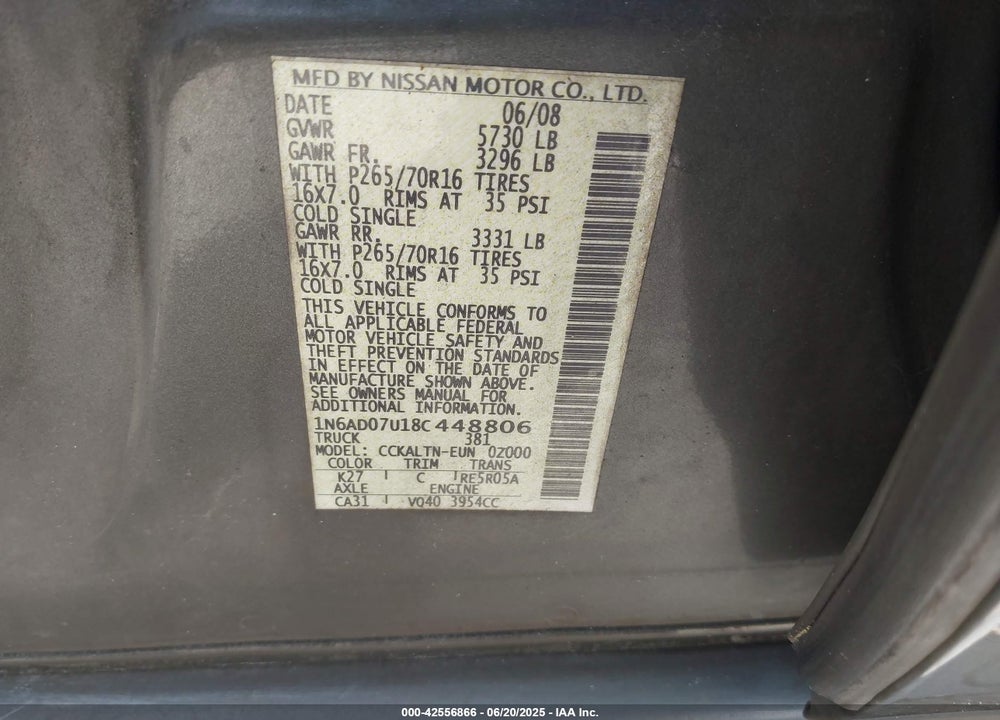 2008 NISSAN FRONTIER VIN: 1N6AD07U18C448806