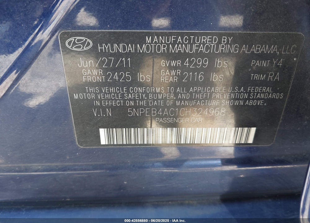 2012 HYUNDAI SONATA VIN: 5NPEB4AC1CH324968