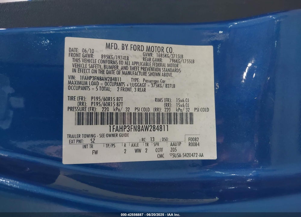 2010 FORD FOCUS SE VIN: 1FAHP3FN8AW284811