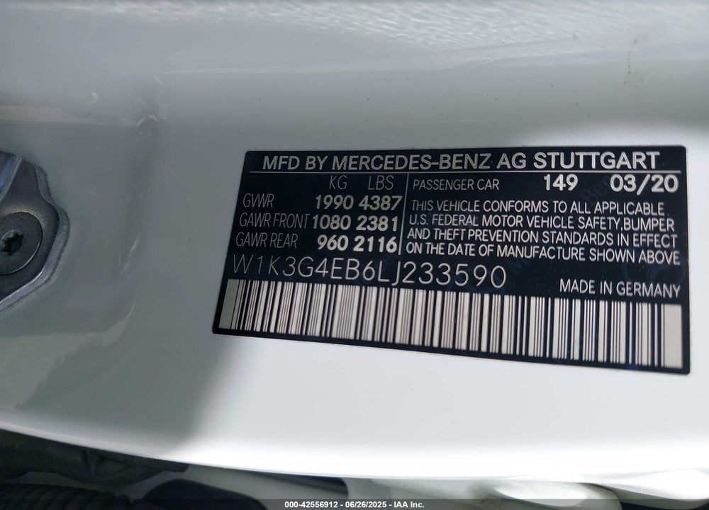2020 MERCEDES-BENZ A-CLASS VIN: W1K3G4EB6LJ233590
