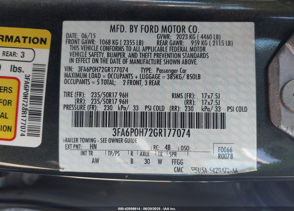 2016 FORD FUSION VIN: 3FA6P0H72GR177074