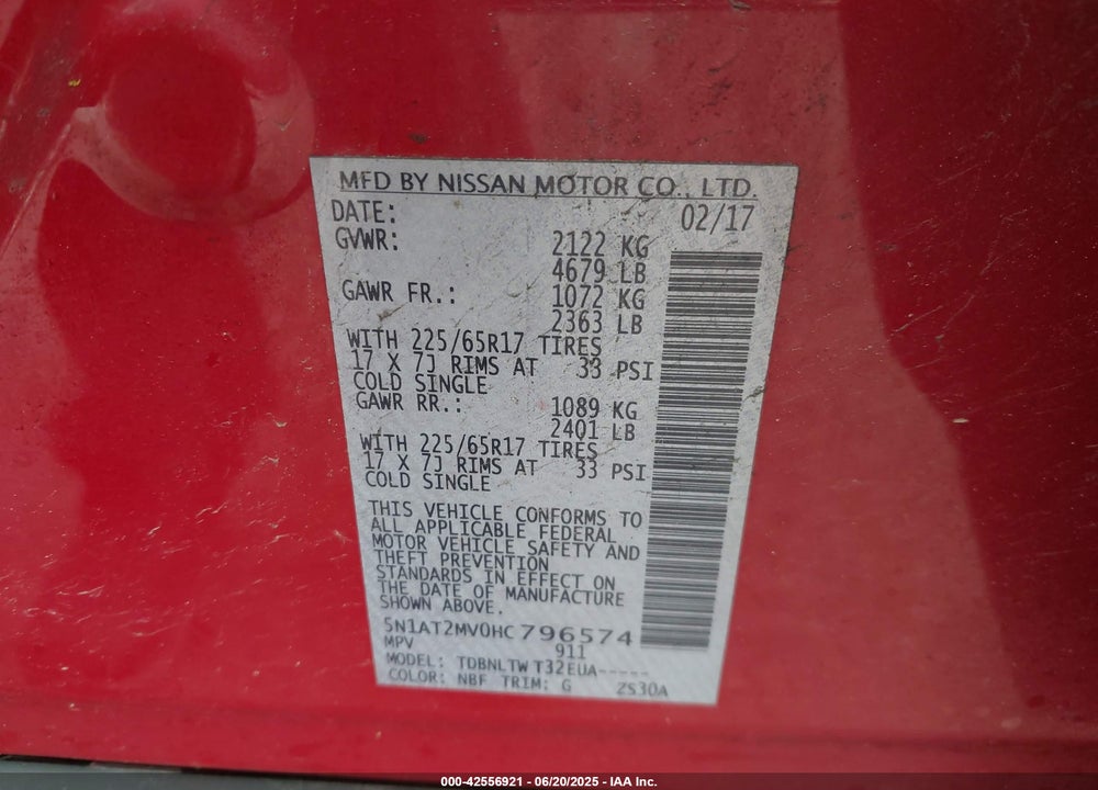 2017 NISSAN ROGUE VIN: 5N1AT2MV0HC796574