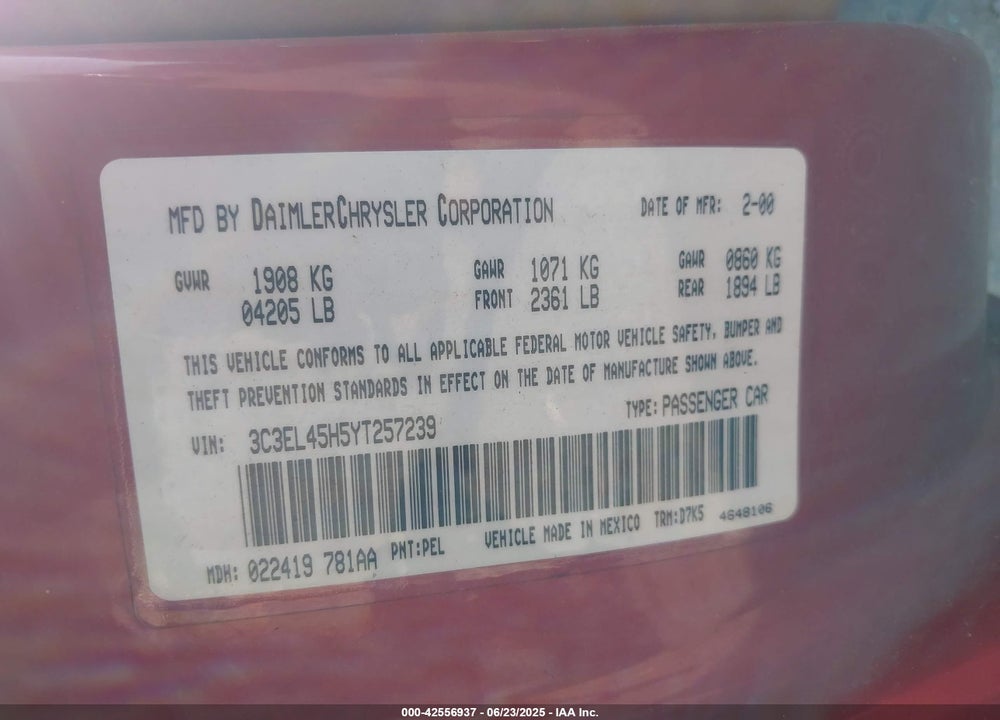 2000 CHRYSLER SEBRING JX VIN: 3C3EL45H5YT257239