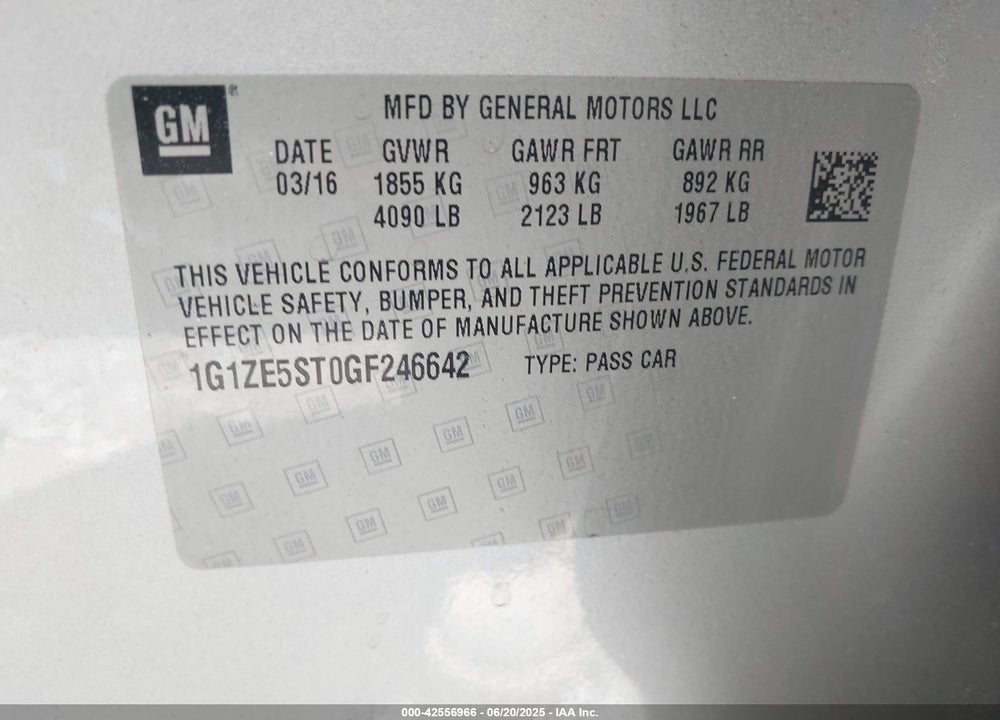 2016 CHEVROLET MALIBU VIN: 1G1ZE5ST0GF246642