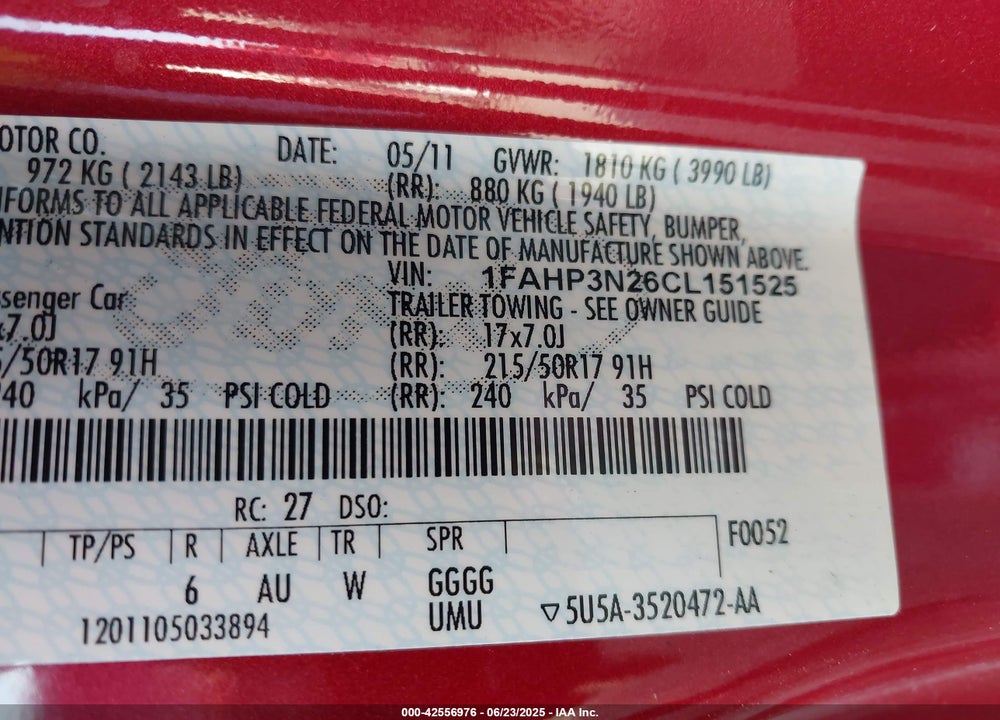 2012 FORD FOCUS VIN: 1FAHP3N26CL151525