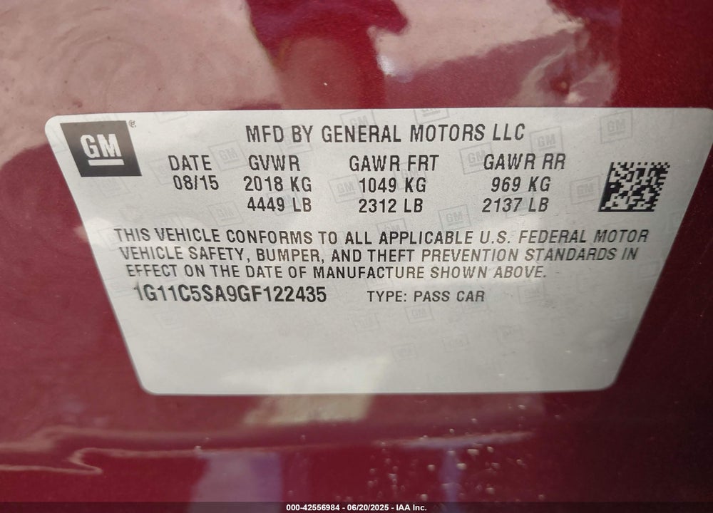2016 CHEVROLET MALIBU LIMITED VIN: 1G11C5SA9GF122435