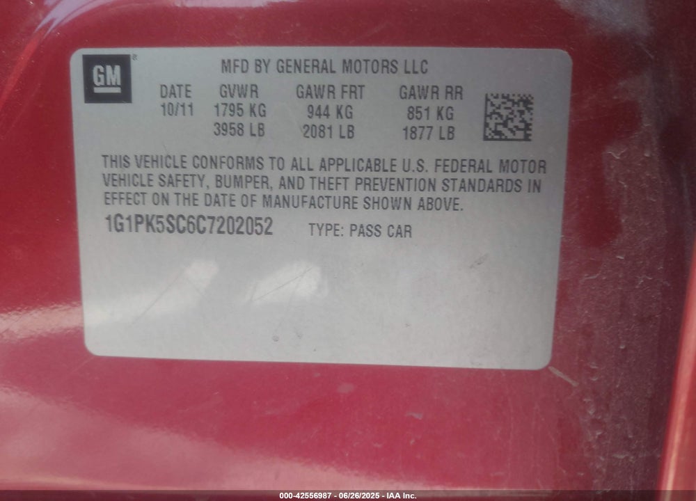 2012 CHEVROLET CRUZE VIN: 1G1PK5SC6C7202052